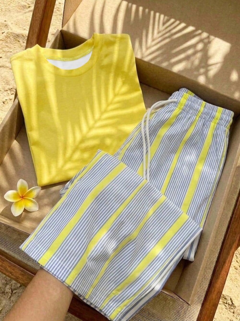 Multicolor Casual Women's Short Sleeve Top & Striped Pants Set